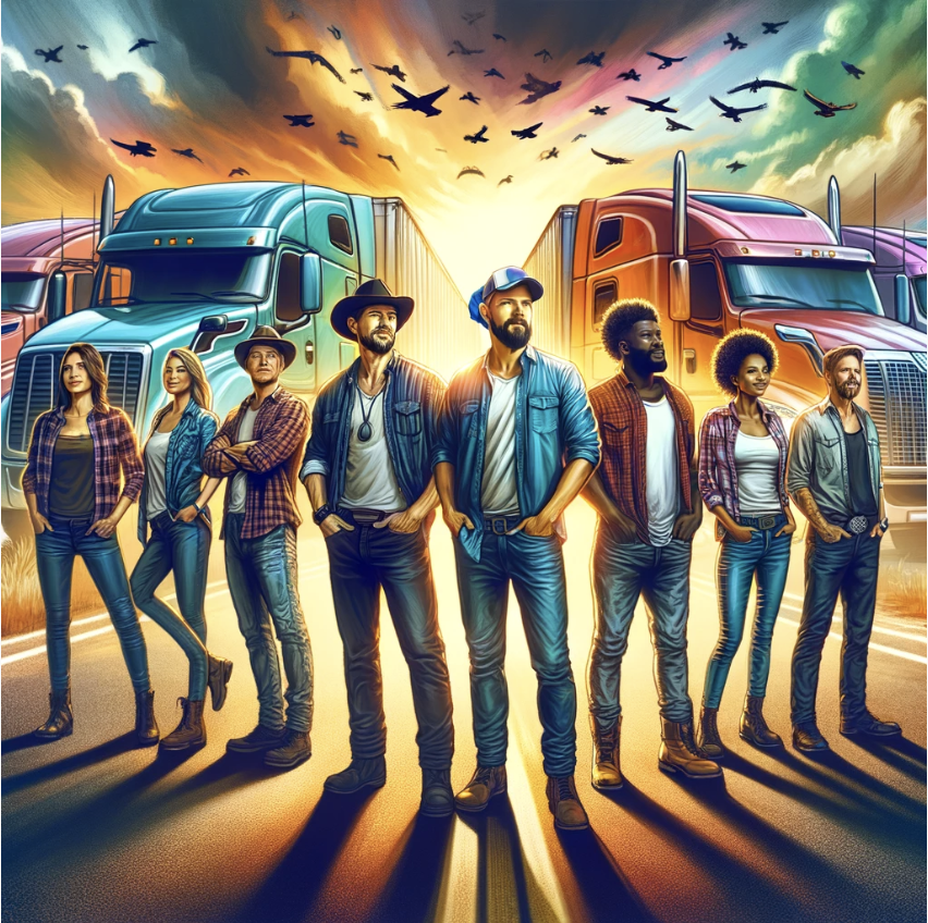 Brotherhood of divorced dads standing united in front of big rigs at sunrise